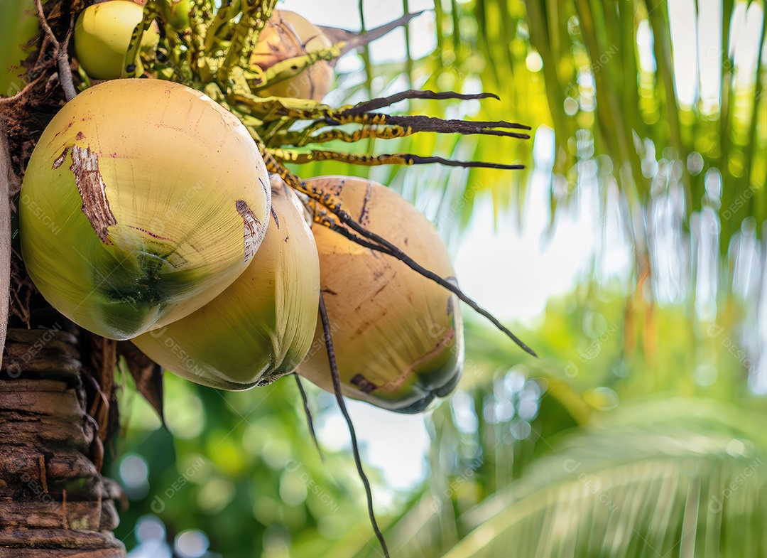 O coco cresce em uma árvore no jardim da colheita no clarão do sol