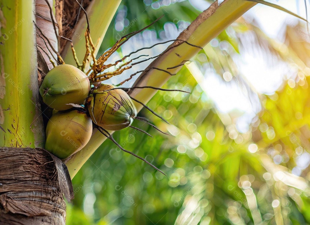 O coco cresce em uma árvore no jardim da colheita no clarão do sol