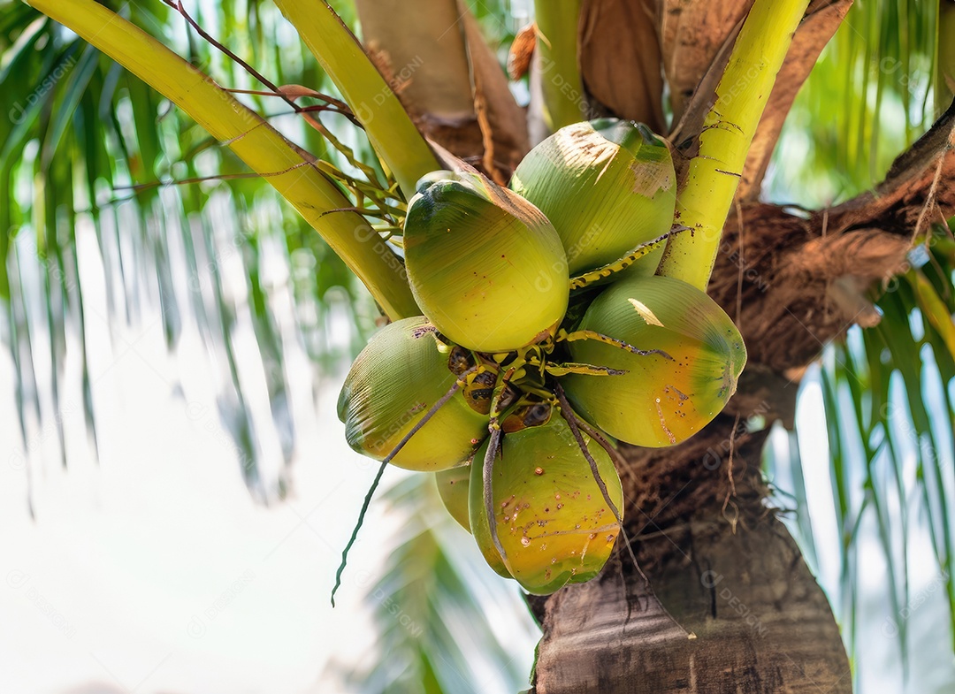 O coco cresce em uma árvore no jardim da colheita no clarão do sol