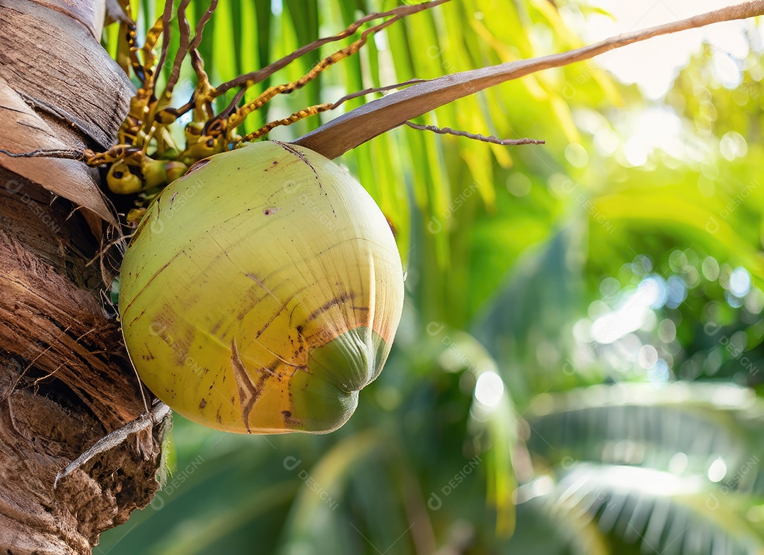 O coco cresce em uma árvore no jardim da colheita no clarão do sol