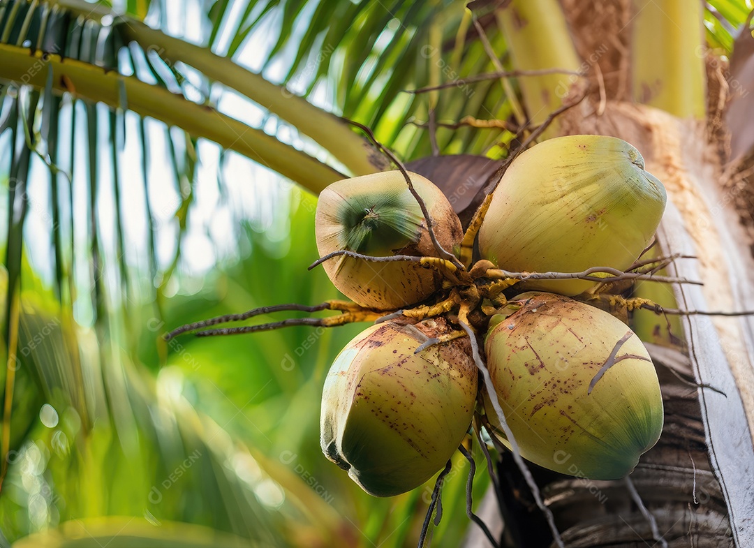 O coco cresce em uma árvore no jardim da colheita no clarão do sol