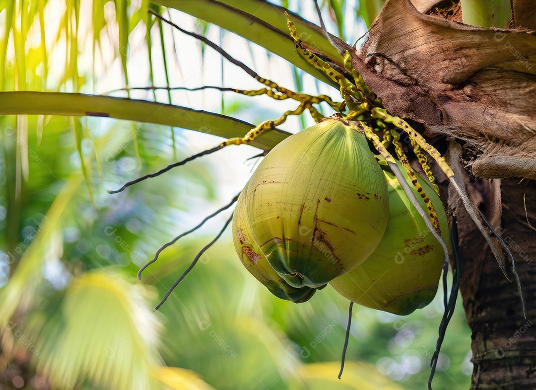 O coco cresce em uma árvore no jardim da colheita no clarão do sol