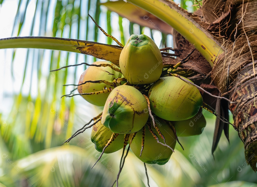 O coco cresce em uma árvore no jardim da colheita no clarão do sol