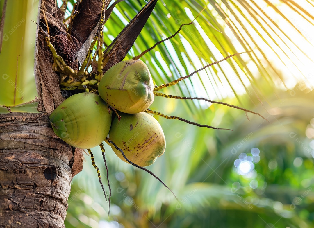 O coco cresce em uma árvore no jardim da colheita no clarão do sol