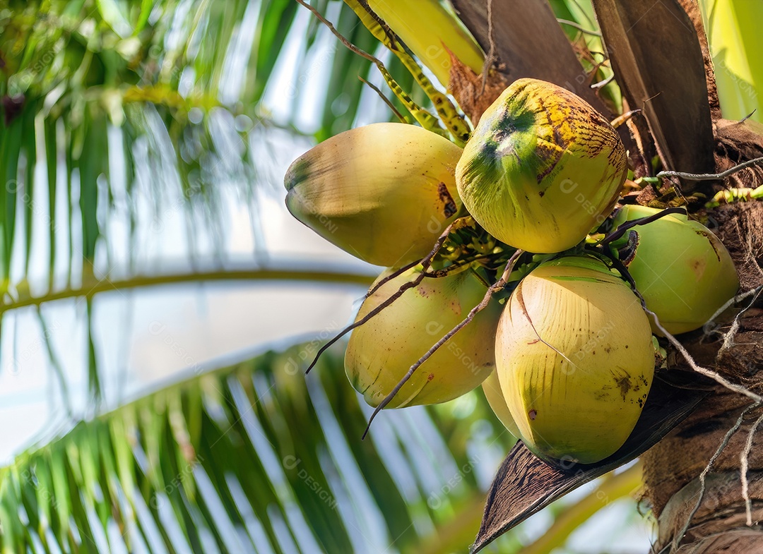 O coco cresce em uma árvore no jardim da colheita no clarão do sol