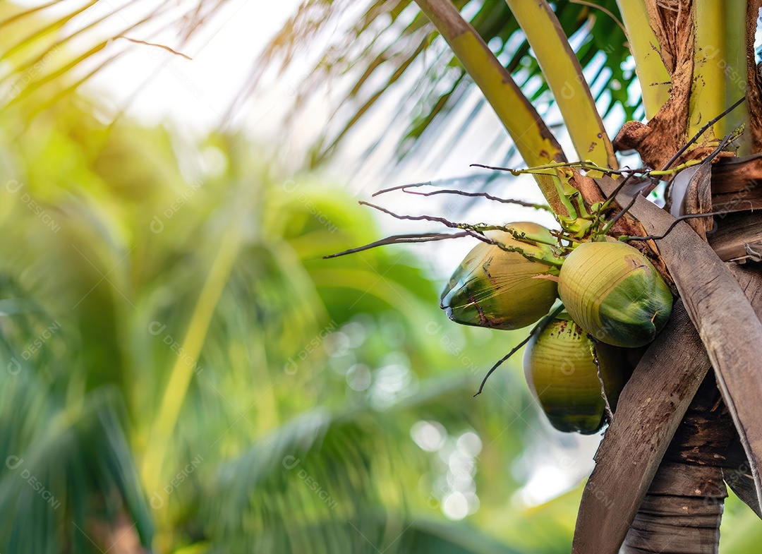 O coco cresce em uma árvore no jardim da colheita no clarão do sol