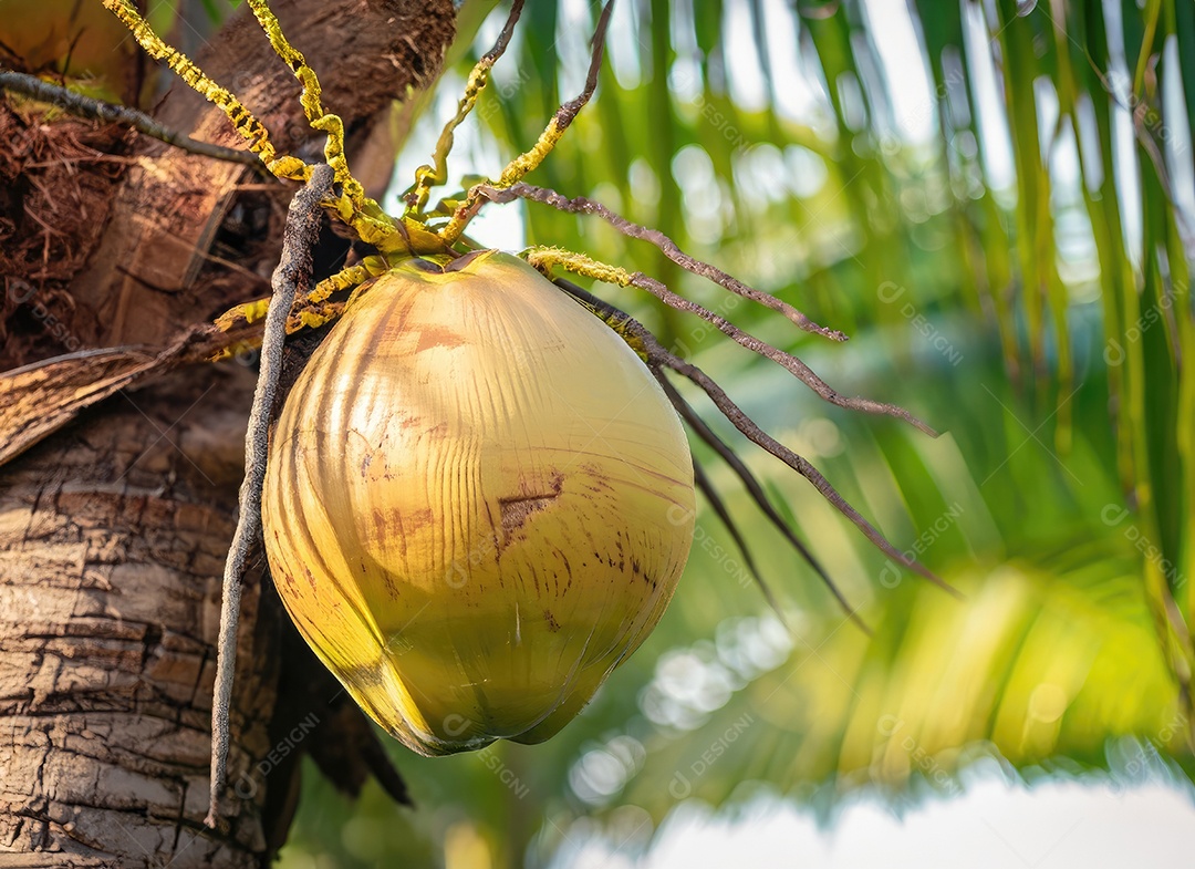 O coco cresce em uma árvore no jardim da colheita no clarão do sol