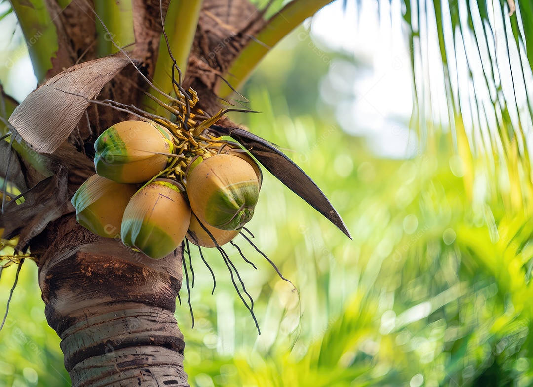O coco cresce em uma árvore no jardim da colheita no clarão do sol