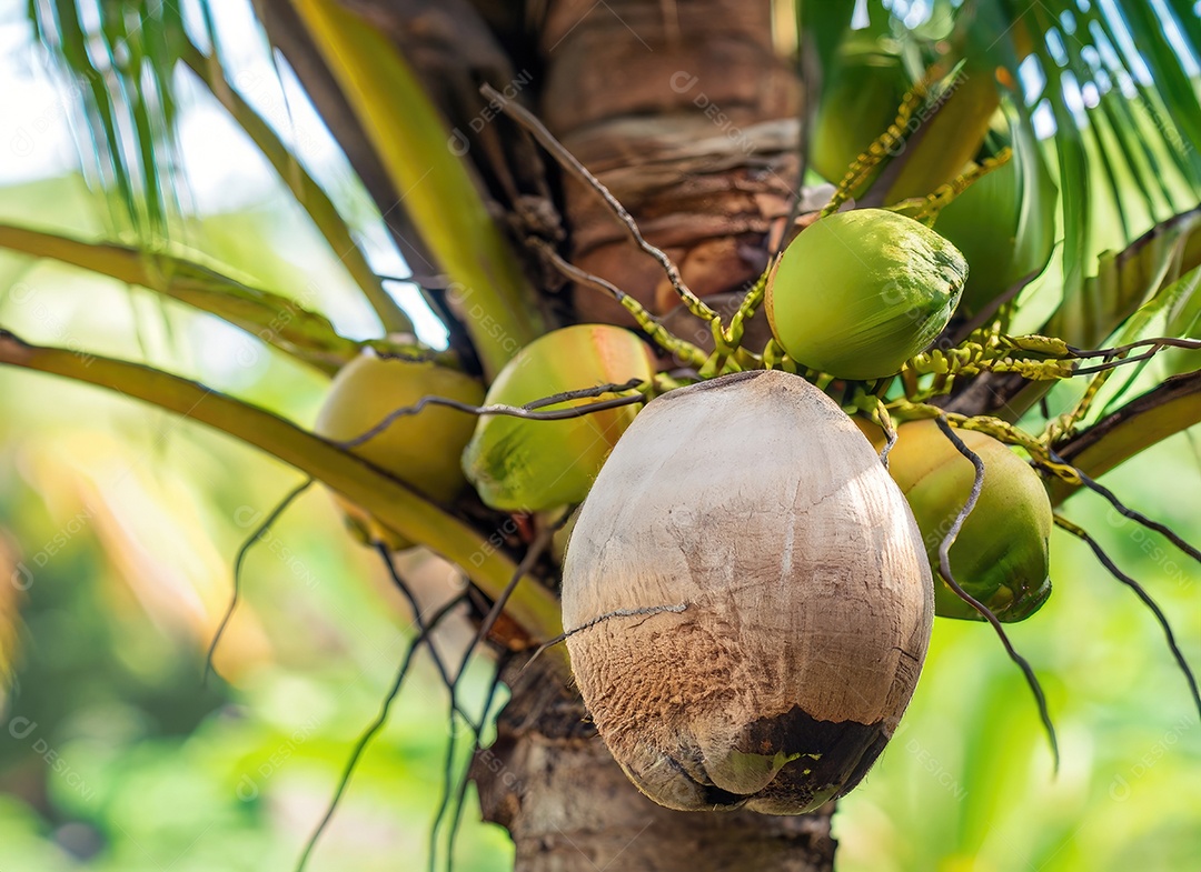 O coco cresce em uma árvore no jardim da colheita no clarão do sol