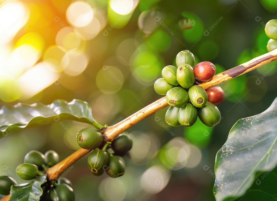 Semente de café cresce em uma árvore no jardim da colheita