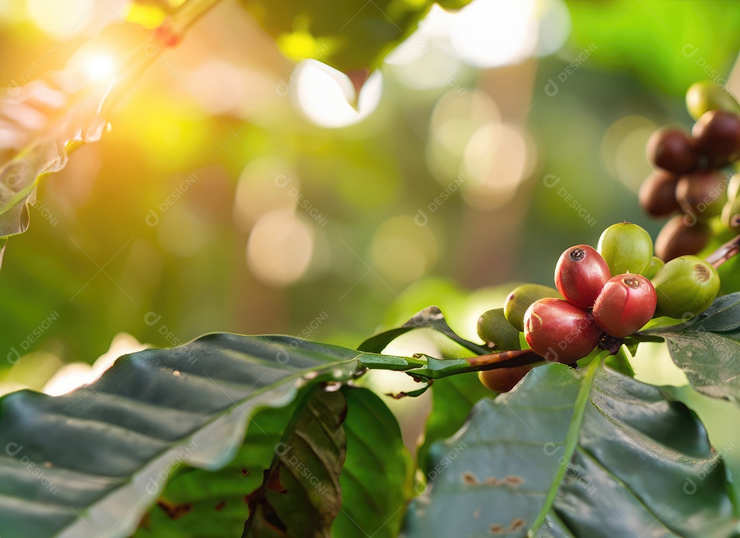 Semente de café cresce em uma árvore no jardim da colheita