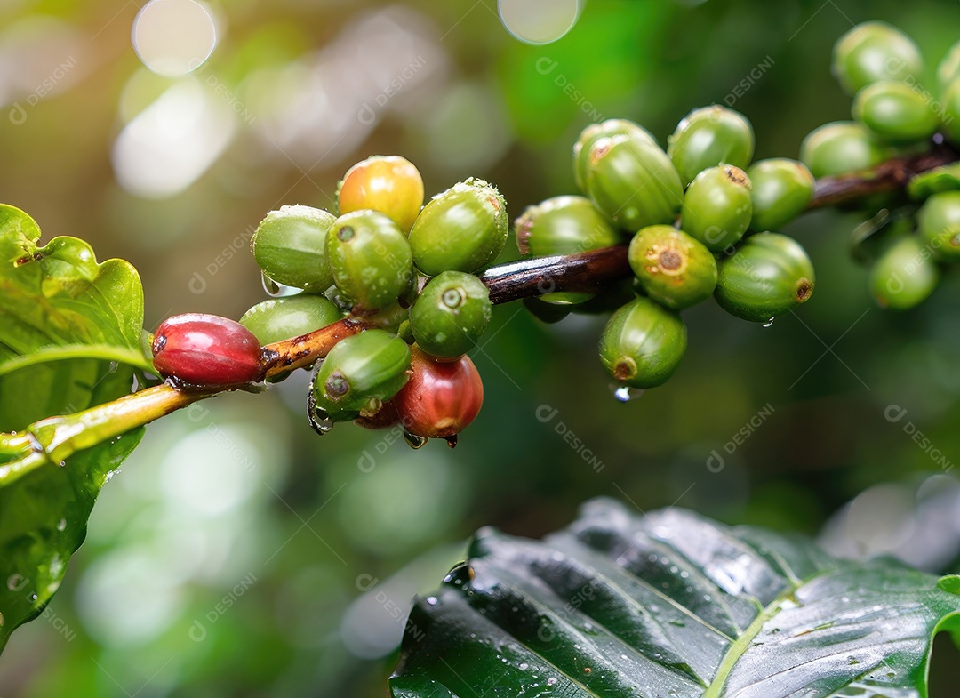 Semente de café cresce em uma árvore no jardim da colheita