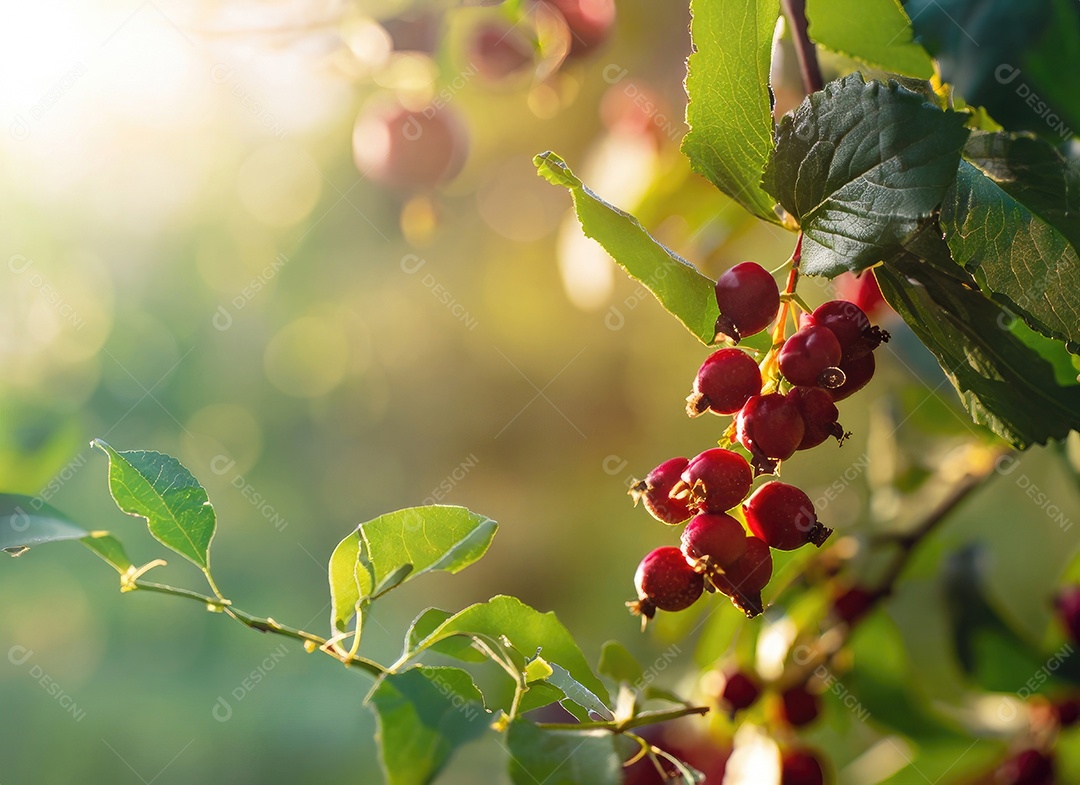 Baga cresce em uma árvore no jardim de colheita no clarão do sol noturno