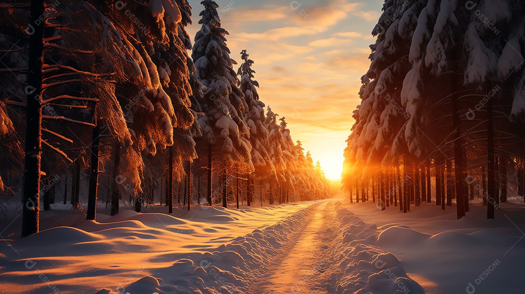 Belo pôr do sol no fundo da paisagem de neve do inverno