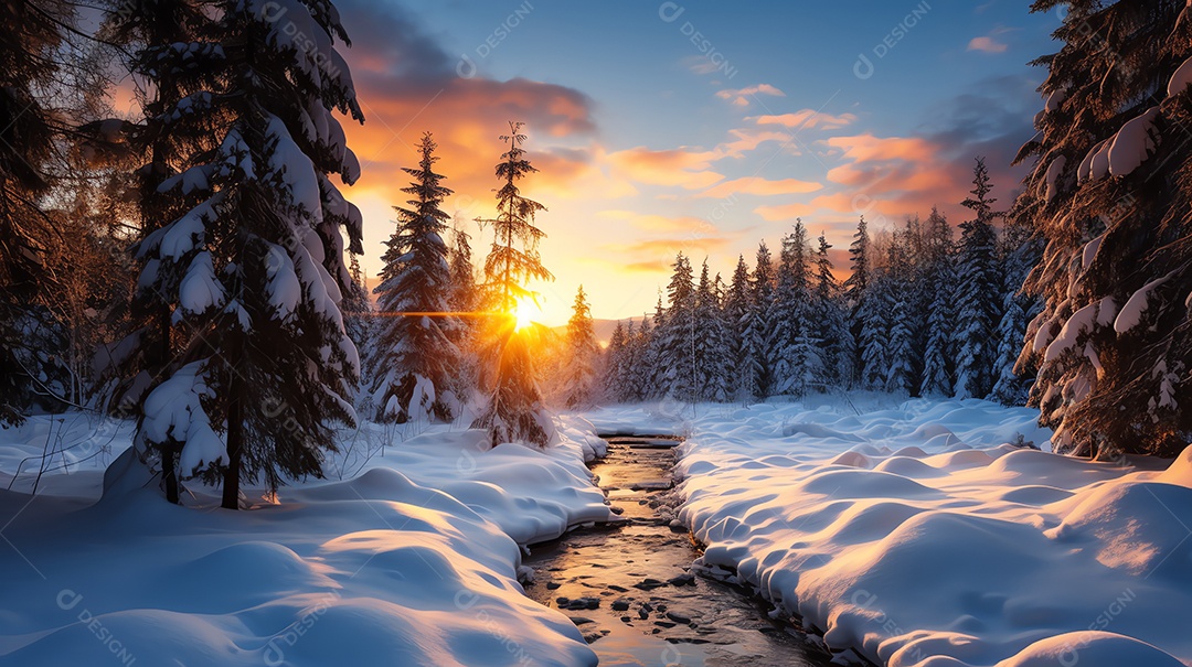 Belo pôr do sol no fundo da paisagem de neve do inverno