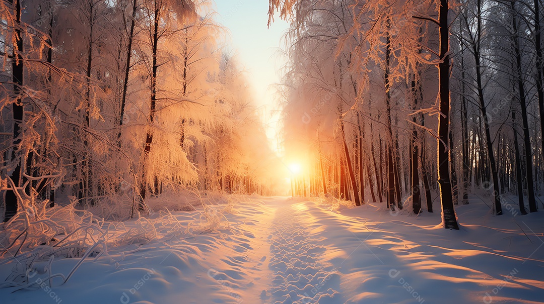 Belo pôr do sol no fundo da paisagem de neve do inverno