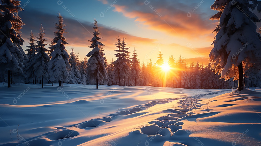 Belo pôr do sol no fundo da paisagem de neve do inverno