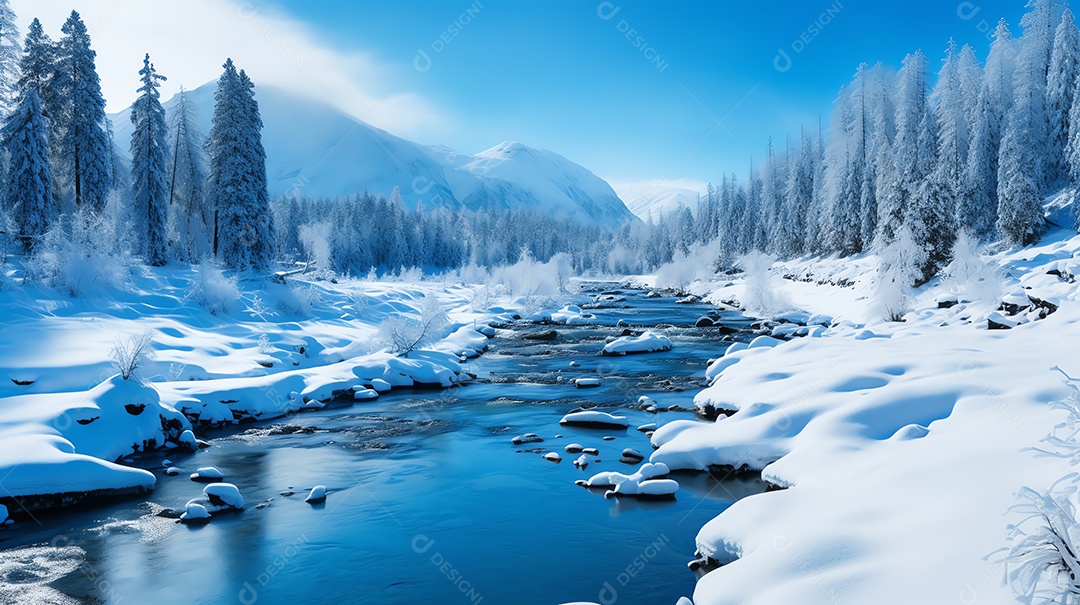 Paisagem de montanha de inverno com rio no parque nacional