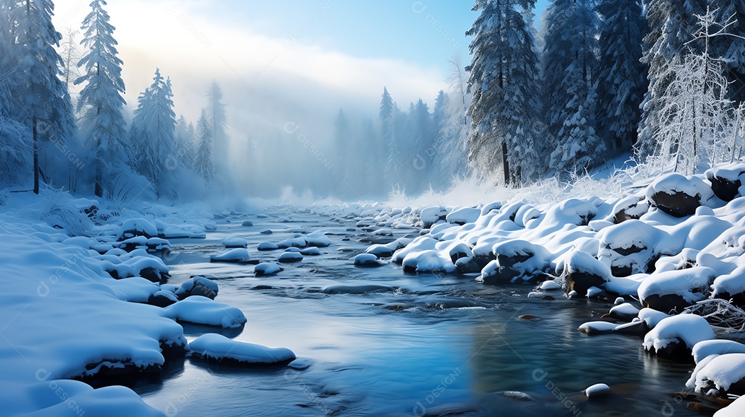 Paisagem de montanha de inverno com rio no parque nacional