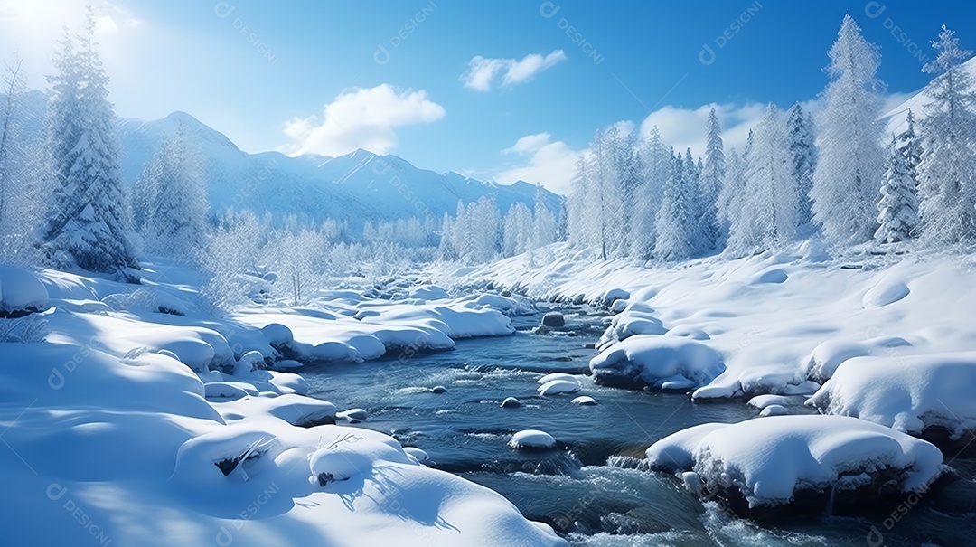 Paisagem de montanha de inverno com rio no parque nacional