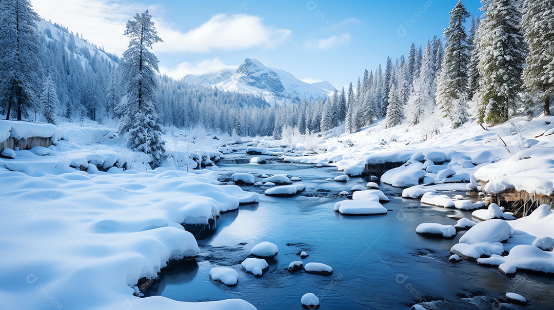 Paisagem de montanha de inverno com rio no parque nacional