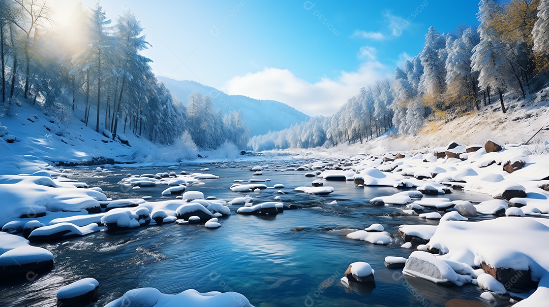 Paisagem de montanha de inverno com rio no parque nacional
