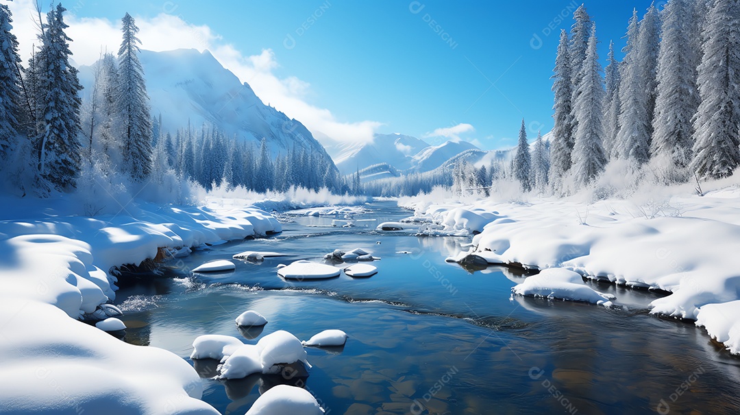 Paisagem de montanha de inverno com rio no parque nacional