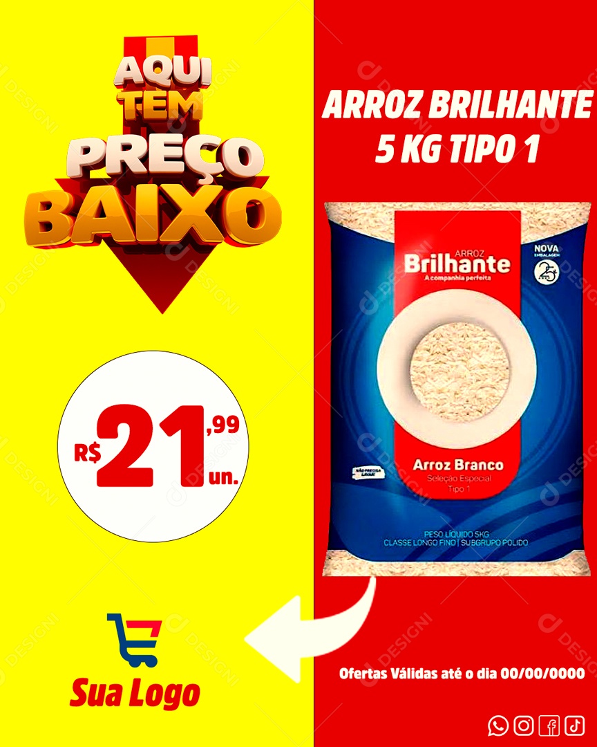 Social Media Supermercado Arroz Brilhante Preço Baixo PSD Editável