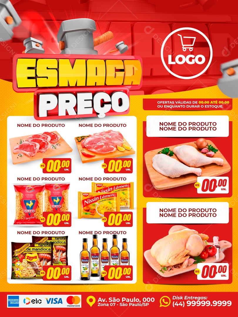 Encarte Esmaga Preço Arroz Macarrão Frango Carne Social Media PSD Editável