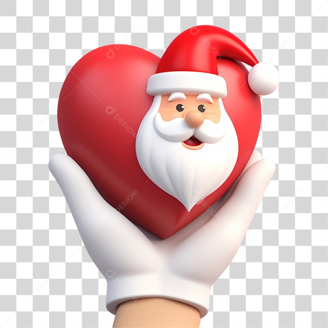 Mão Segurando Coração com Rosto do Papai Noel em 3D PNG Transparente