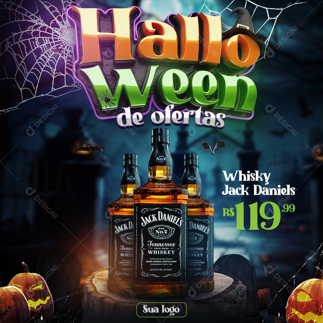 Halloween de Ofertas Distribuidora de Bebidas Whisky Jack Daniels Social Media PSD Editável
