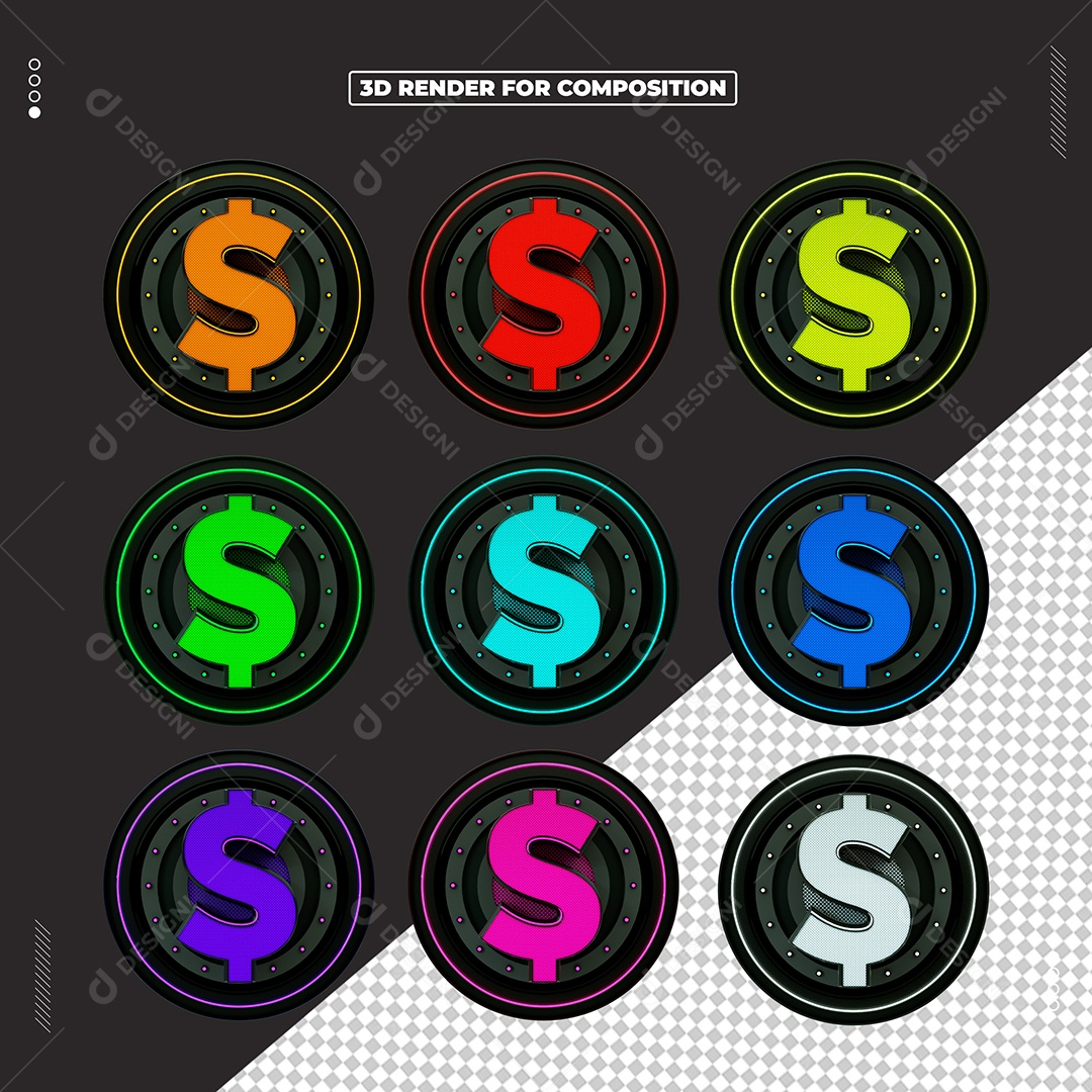 Cifrões Coloridos Elemento 3D para Composição PSD