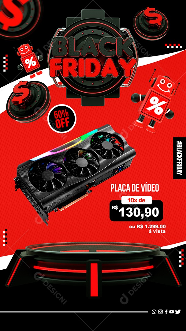 Story Black Friday Placa de Vídeo 50% OFF Social Media PSD Editável