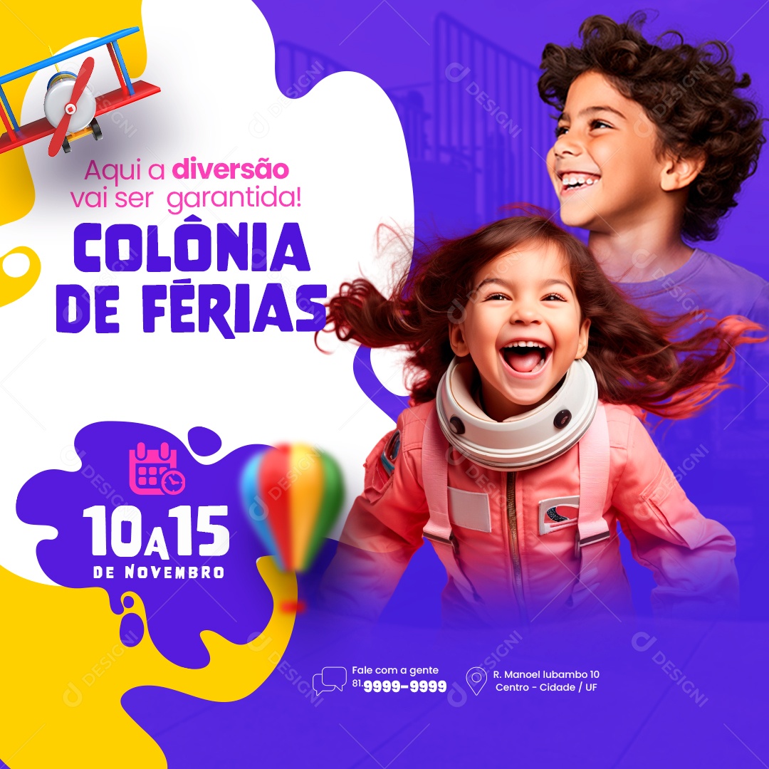 Colônia De Férias Aqui a Diversão vai ser Garantida Social Media PSD Editável