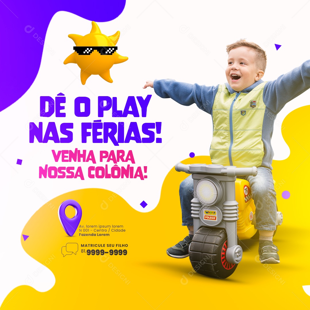 Colônia De Férias Dê o Play nas Férias Venha para nossa Colônia Social Media PSD Editável