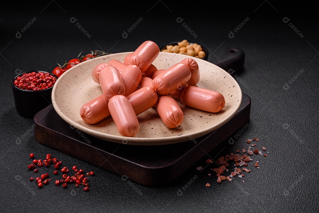 Deliciosa salsicha vegetariana fresca ou salsicha feita de proteína vegetal tofu ou leguminosas seitan, trigo magro com sal e especiarias em fundo de textura