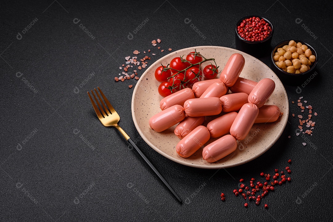 Deliciosa salsicha vegetariana fresca ou salsicha feita de proteína vegetal tofu ou leguminosas seitan, trigo magro com sal e especiarias em fundo de textura