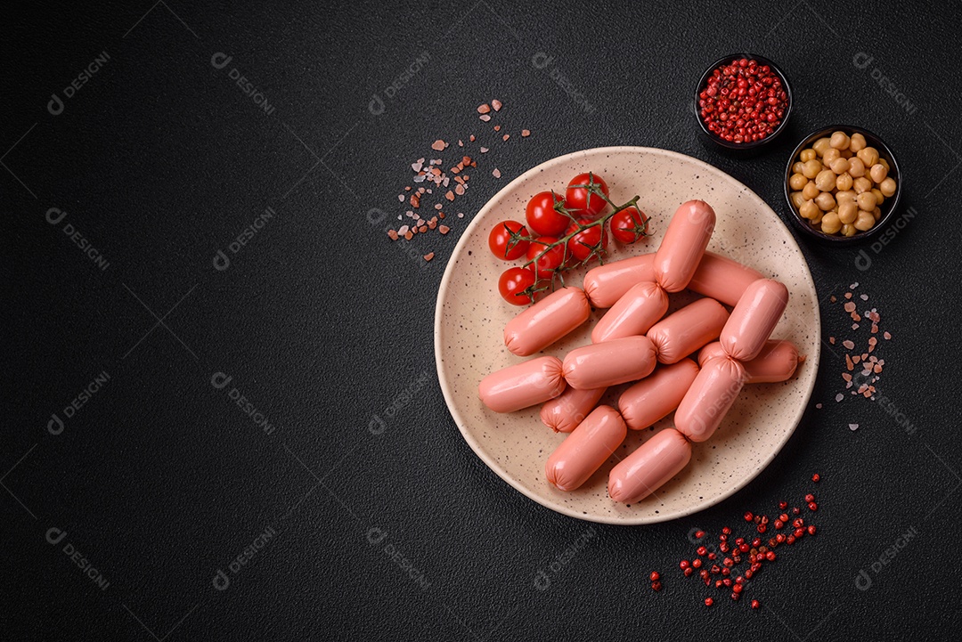 Deliciosa salsicha vegetariana fresca ou salsicha feita de proteína vegetal tofu ou leguminosas seitan, trigo magro com sal e especiarias em fundo de textura