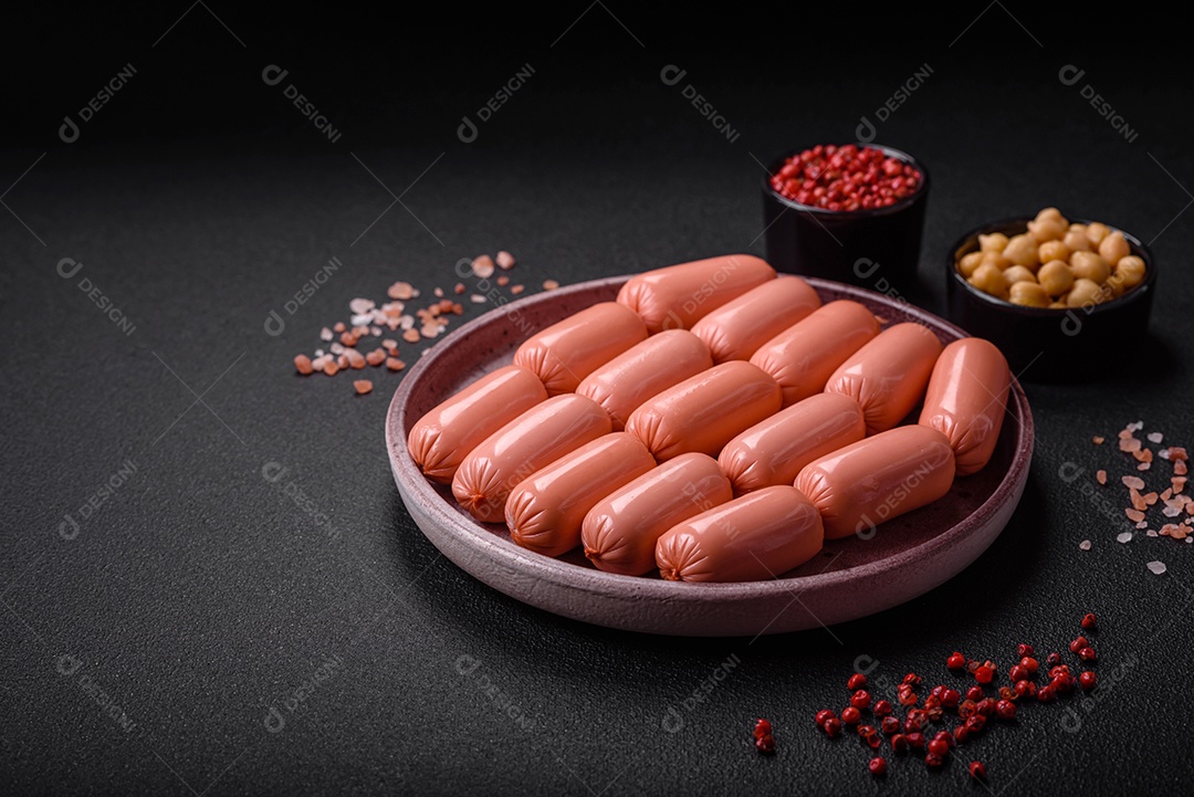 Deliciosa salsicha vegetariana fresca ou salsicha feita de proteína vegetal tofu ou leguminosas seitan, trigo magro com sal e especiarias em fundo de textura