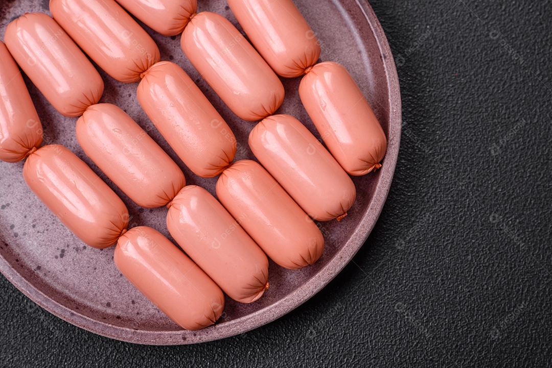 Deliciosa salsicha vegetariana fresca ou salsicha feita de proteína vegetal tofu ou leguminosas seitan, trigo magro com sal e especiarias em fundo de textura