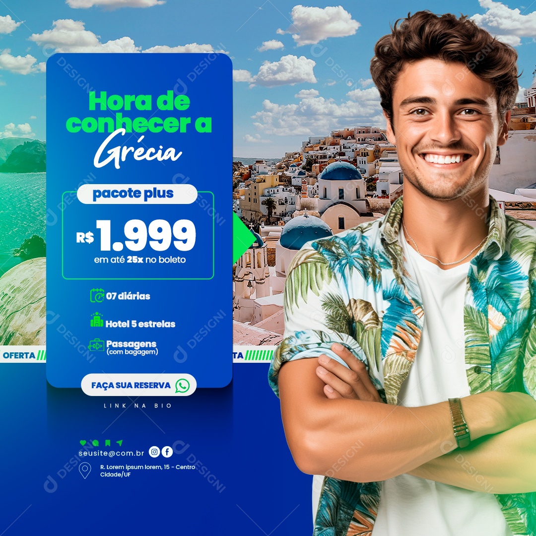 Turismo Hora de Conhecer a Grécia Pacote Plus Faça sua Reserva Social Media PSD Editável