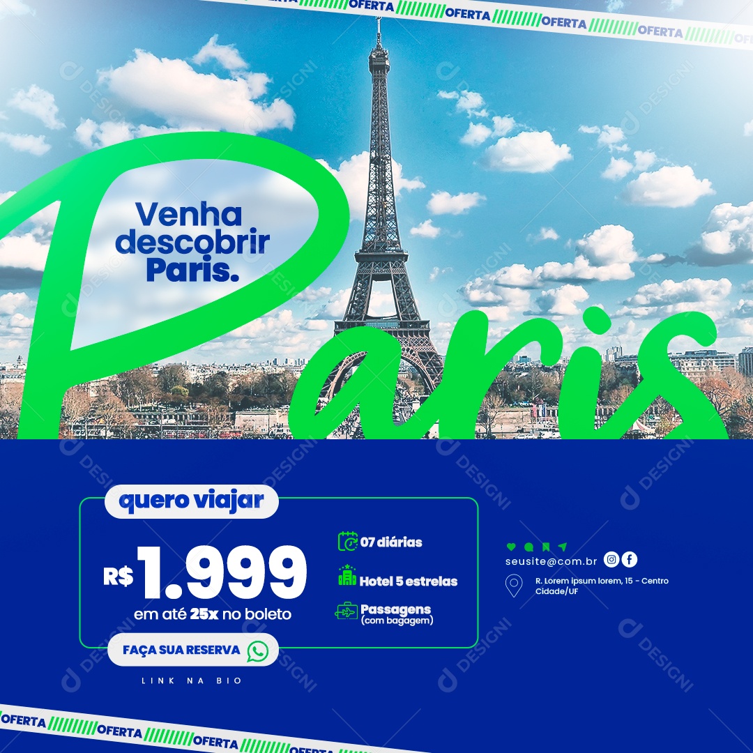Turismo Venha Descobrir Paris Quero Viajar Faça sua Reserva Social Media PSD Editável