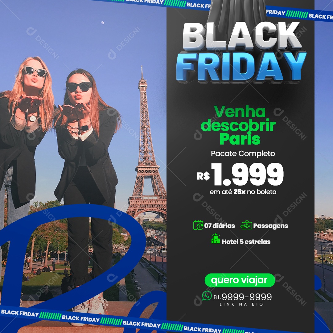 Black Friday Turismo Venha Descobrir Paris Pacote Completo Social Media PSD Editável