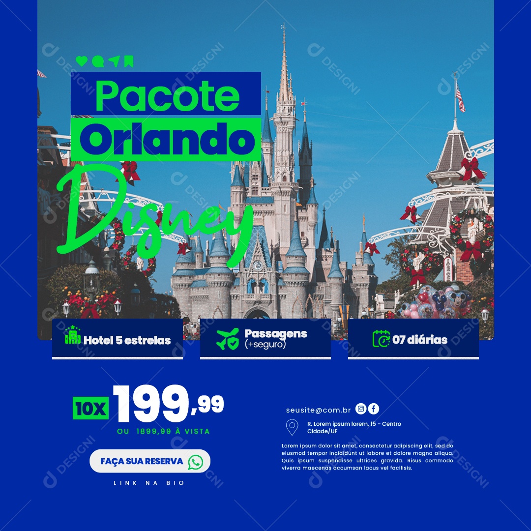 Turismo Pacote Orlando Disney Hotel 5 Estrelas Faça sua Reserva Social Media PSD Editável