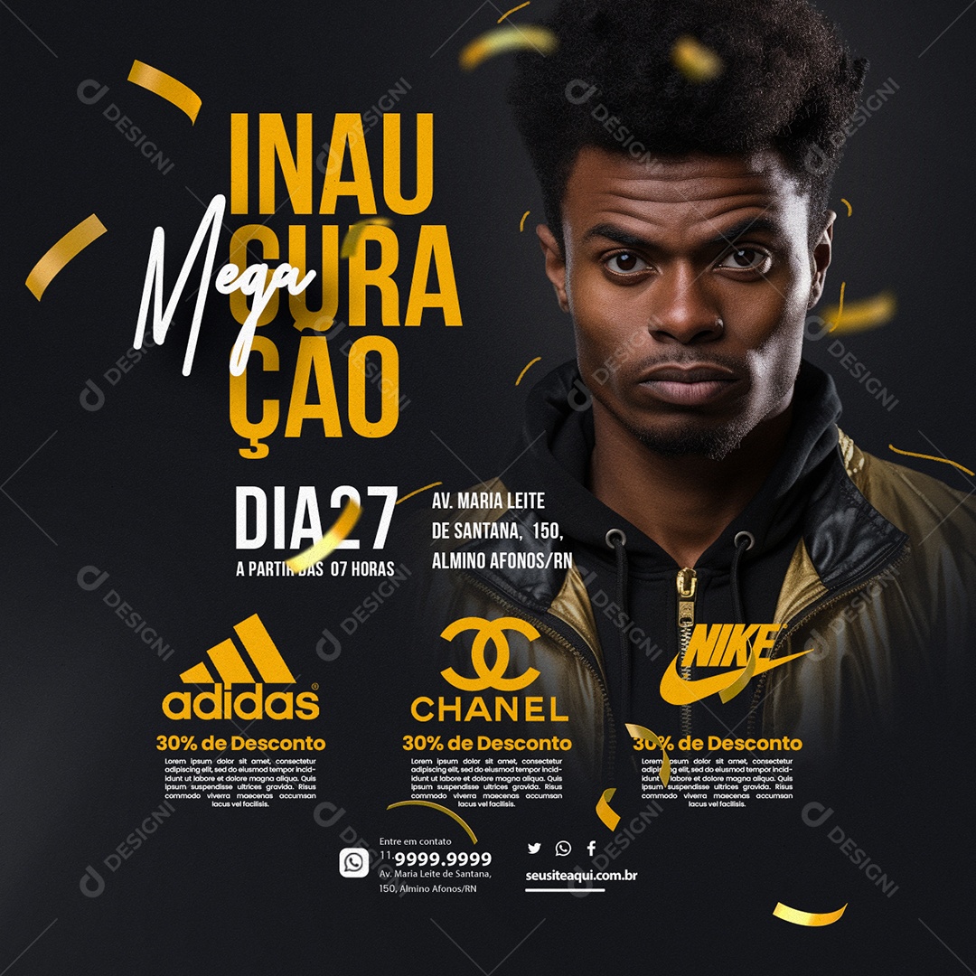 Mega Inauguração Loja Adidas 30% de Desconto Chanel 30% de Desconto Nike 30% de Desconto Social Media PSD Editável