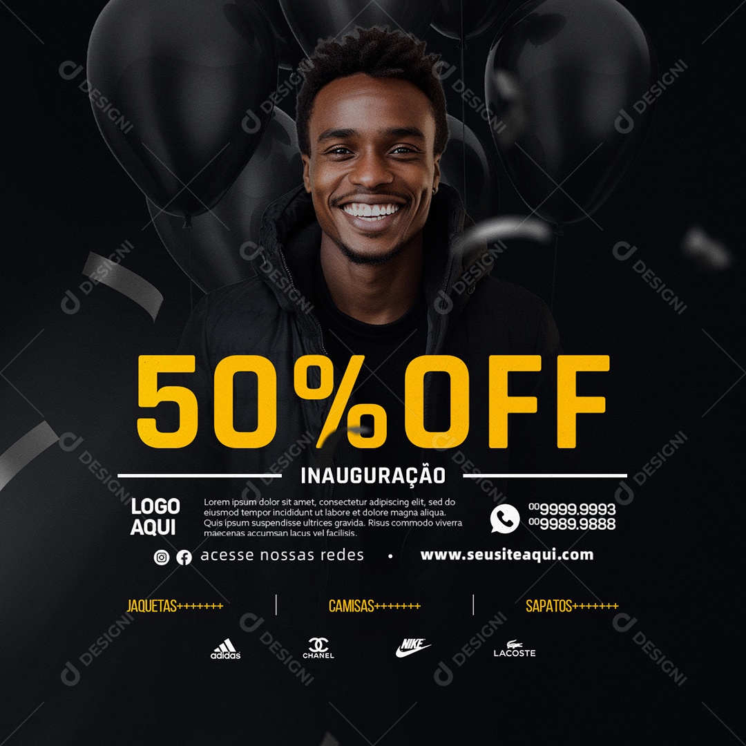 Mega Inauguração Loja 50% Off Jaquetas Social Media PSD Editável