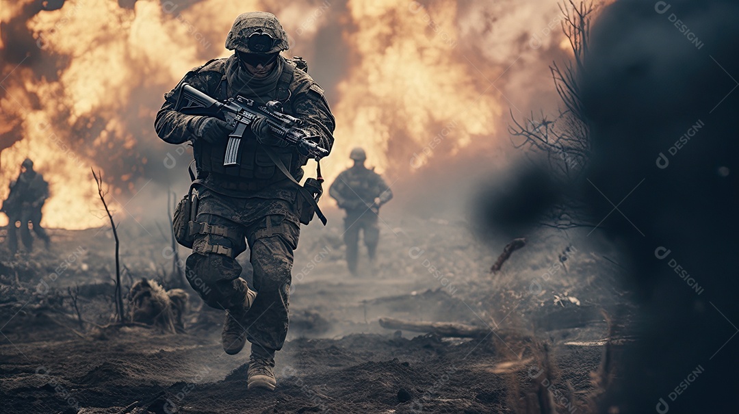 Soldados correndo em devatação da guerra
