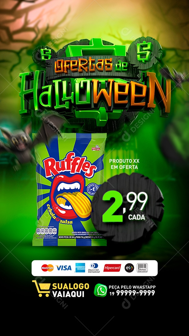 Story Tabloide Ofertas de Halloween Produtos Maionese Açúcar Cristal Molho de Tomate Supermercado Social Media PSD Editável