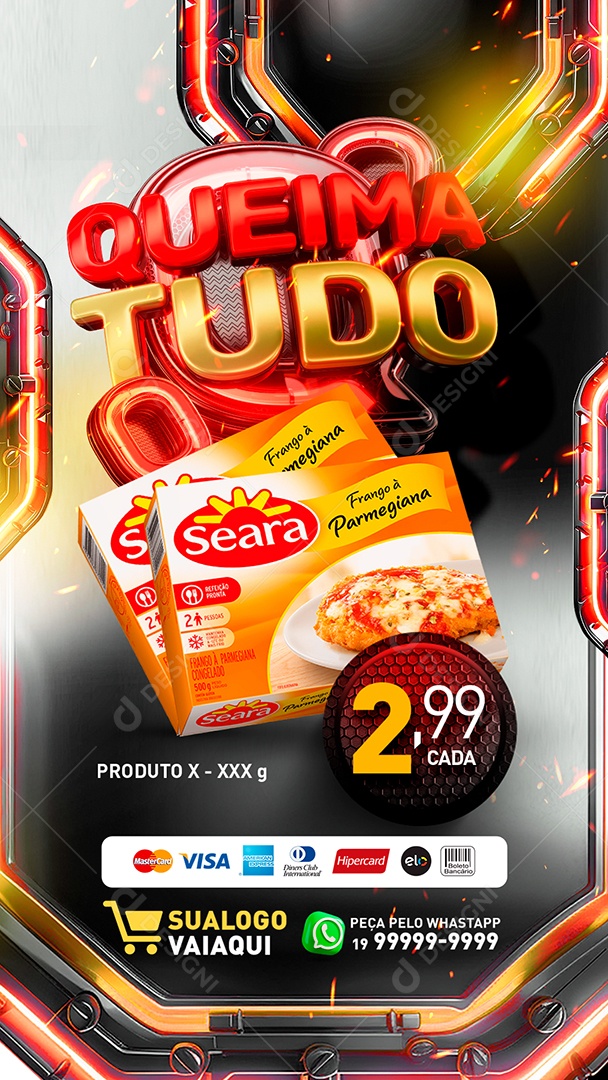 Story Tabloide Queima Tudo Produtos Macarrão Sucrilhos Flocão de Milho Supermercado Social Media PSD Editável