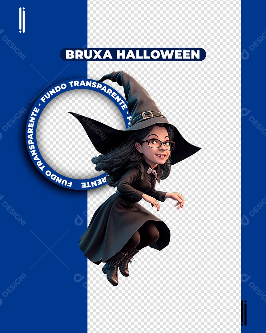 Bruxa Voando de Halloween Elemento 3D para Composição PSD